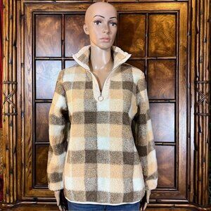 Cream Natural Buffalo Check Plaid Fleece Teddy Pullover O-Ring Quarter Zip Top